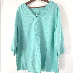 Sigrid Olsen Turquoise Linen Blend V-Neck Tunic 2X Side Buttons Resort Vacation